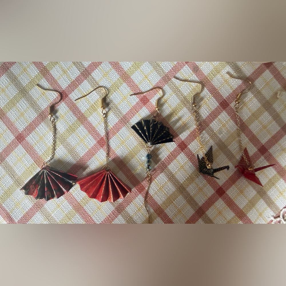 Handmade Origami Fan & Crane Earrings – Japanese Paper Style – Set of 5 pieces